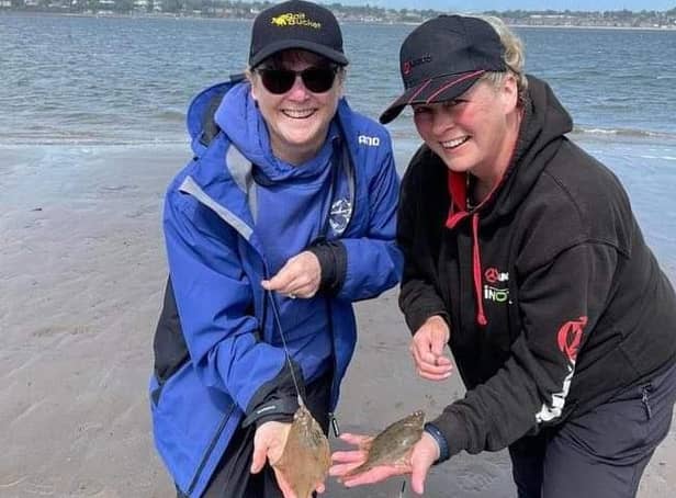 New caps Joanne Barlow (left) and Gill Coutts with flounders. Picture contributed