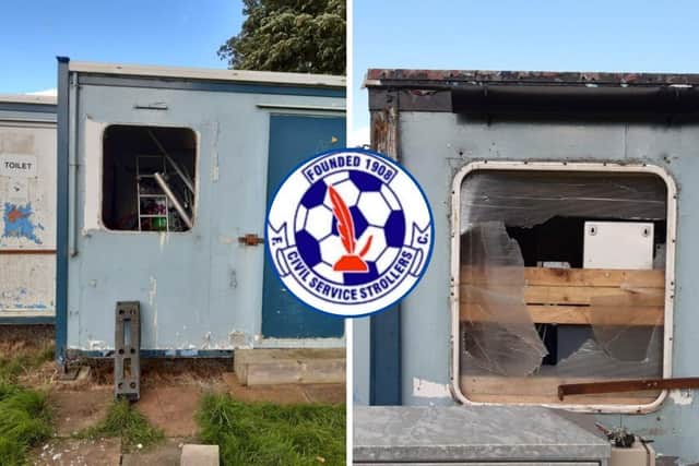 Louts smashed five windows at the Civil Service Strollers ground in Christie Gillies Park, Muirhouse, as well as smashing more than a dozen seats, and breaking three sets of goal posts. (Credit: Civil Service Strollers)
