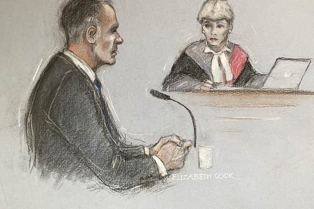 Court artist sketch by Elizabeth Cook of former Manchester United footballer Ryan Giggs.