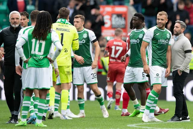 Hibs defender Ryan Porteous and Aberdeen manager Jim Goodwin were the main talking points after the last meeting in September. Picture: Paul Devlin / SNS
