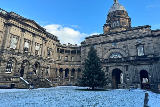 The university's Christmas tree looked extra festive, surrounded by sparkling snow.
