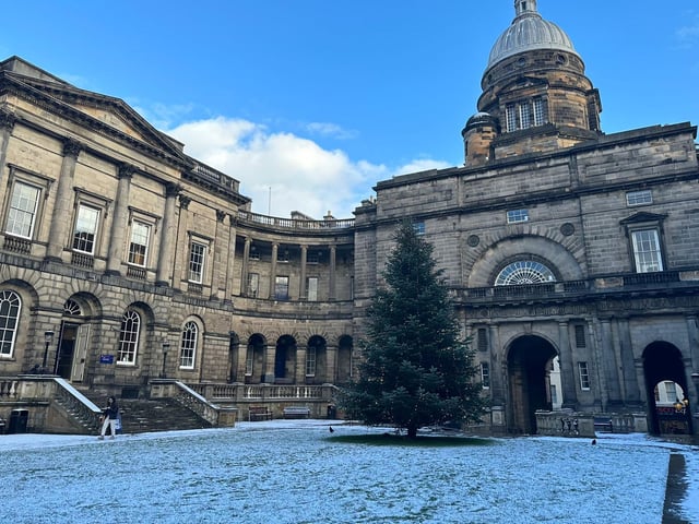 The university's Christmas tree looked extra festive, surrounded by sparkling snow.