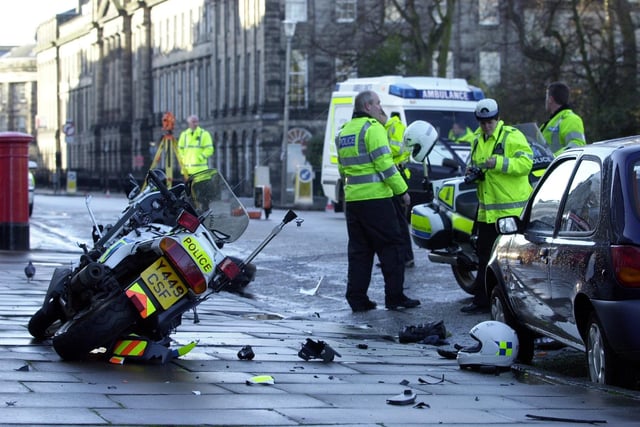 The accident scene after a police motorcycle and a car were involved in a collision in Queen Street.