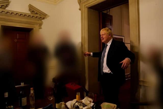 Boris Johnson at a gathering on November 13, 2020 in No 10 Downing Street for the departure of a special adviser.