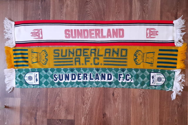 Three retro scarves here. Sunderland have sometimes had a yellow away kit, but we have no idea why a green scarf was produced.