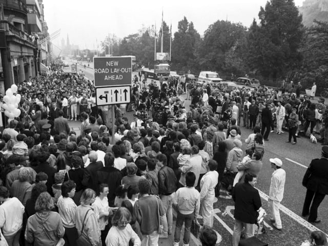 Fans wait for The Thompson Twins arriving to open the new HMV music store in Princes Street in October 1985.