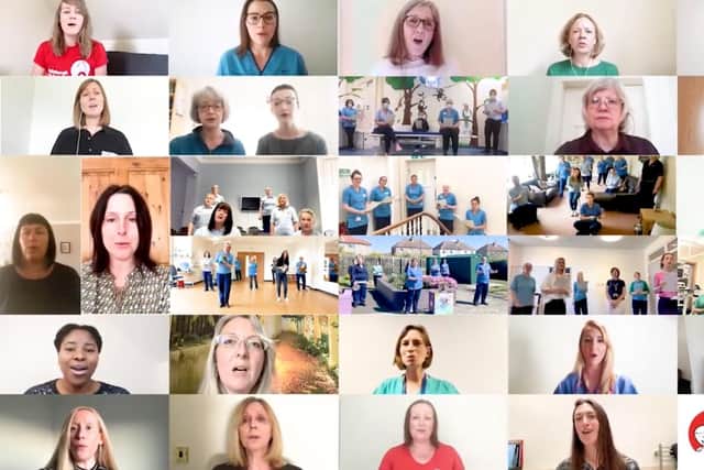 Over 80 doctors, nurses, radiologists, physio and occupational therapists and ECHC team members, including sopranos, altos, basses and tenors, recorded videos