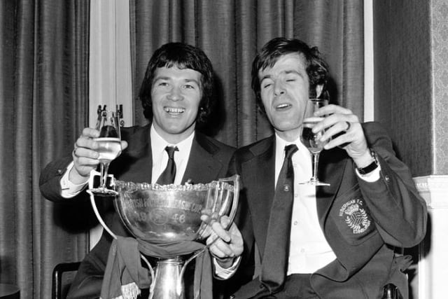 Goalscorers and long-time friends Jimmy O'Rourke, left, and Pat Stanton toast Hibs' success