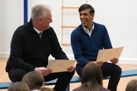 Prime Minister Rishi Sunak, with Lee Anderson MP for Ashfield  during a visit to Woodland View Primary School in Sutton-in-Ashfield, Nottinghamshire. Mr Anderson has had the Conservative whip suspended after making a widely criticised claim that London Mayor Sadiq Khan was controlled by "Islamists"