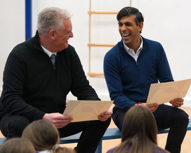Prime Minister Rishi Sunak, with Lee Anderson MP for Ashfield  during a visit to Woodland View Primary School in Sutton-in-Ashfield, Nottinghamshire. Mr Anderson has had the Conservative whip suspended after making a widely criticised claim that London Mayor Sadiq Khan was controlled by "Islamists"