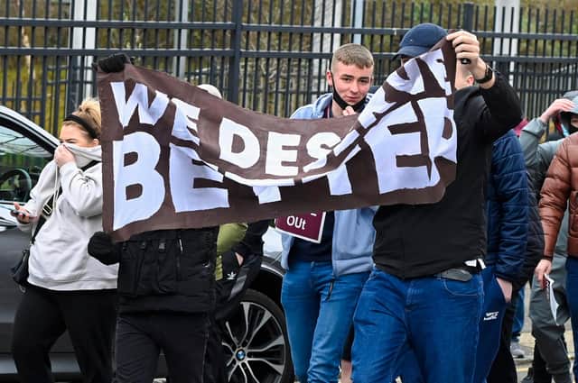 Hearts fans protest outside Tynecastle during Saturday's match with Queen of the South. Picture: SNS