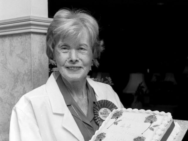 Veteran Labour politician Barbara Castle (later Baroness Castle) receives a cake from David Martin MEP at Edinburgh's Carlton Highland Hotel in May 1989 to mark her retiral after 44 years in politics.