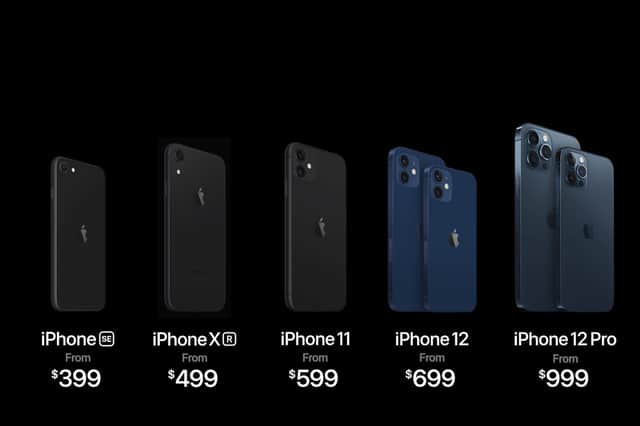 Models of new range iPhones, along with the iPhone 11 at centre (Picture: Apple via AP)