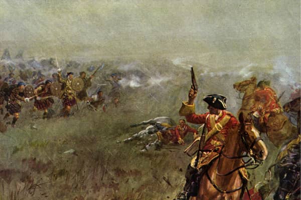 A stock photo of a painting of redcoats taking on Scottish clansmen.