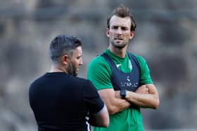 Christian Doidge with manager Lee Johnson in training ahead of Hibs' first leg match with Andorran side Inter Club d'Escaldes last month. Picture: SNS