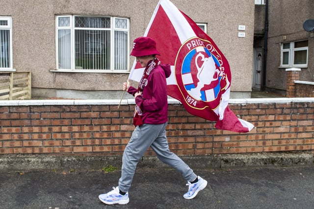 Hearts fans on the way to Hampden for the Scottish Cup Final. Picture; Lisa Ferguson