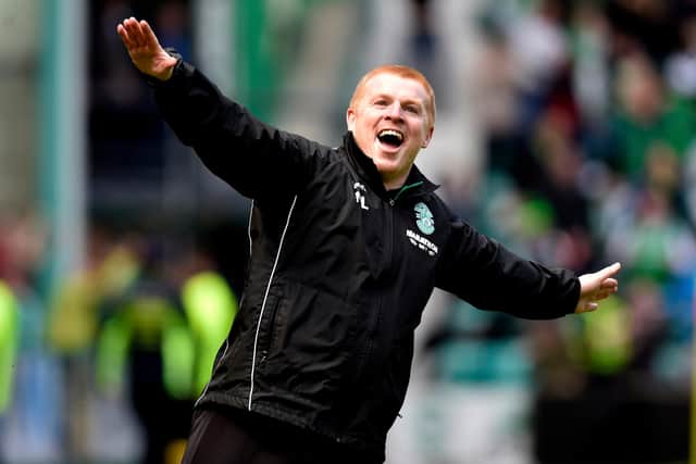 Neil Lennon celebrates Jamie Maclaren's equaliser in the 5-5 draw with Rangers in May 2018