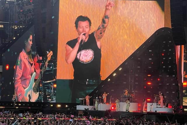 Harry Styles performs Love on Tour concert in front of thousands at Edinburgh's Murrayfield Stadium.