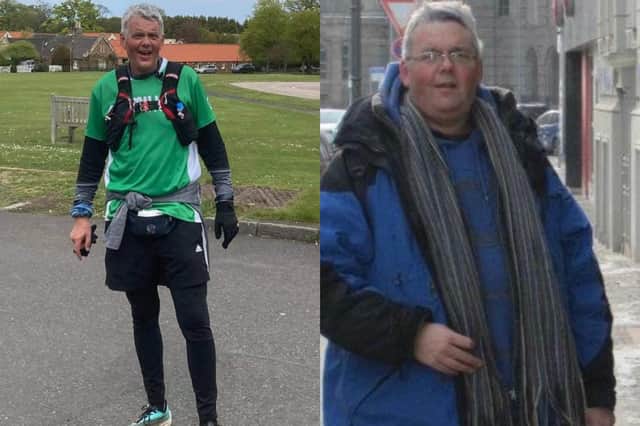 Eskbank man Graeme Sneddon (59) pictured before and after his weight loss.