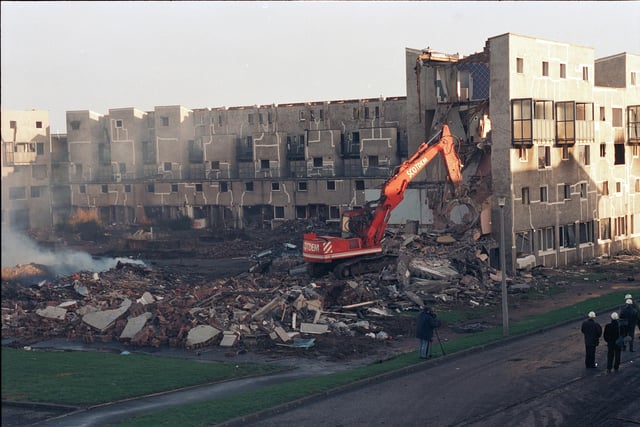 West Granton flats, known locally as the jigsaw flats, being demolished in 1995.