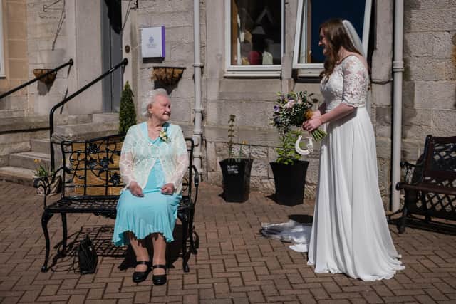 Jill Morton was able to reunite with her 93-year-old granny at Mansfield Care's Pine Villa Care Home in Loanhead, on the way to her wedding. Photo by Rachel Hein.