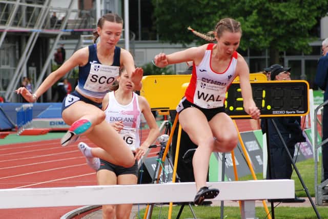 Sarah Tait (left) on her way to a winning debut for Scotland at the Loughborough International (pic; John Patton)