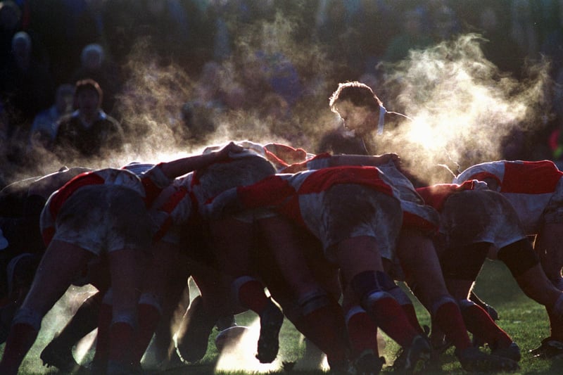This scrum is literally 'steaming' in the South of Scotland  v  All Blacks match at Galashiels in 1993.