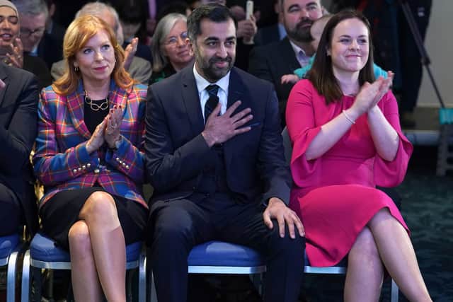 New SNP leader and likely First Minister Humza Yousaf, flanked by Ash Regan and Kate Forbes, as the result of the contest was announced at Murrayfield (Picture: Andrew Milligan/PA Wire)