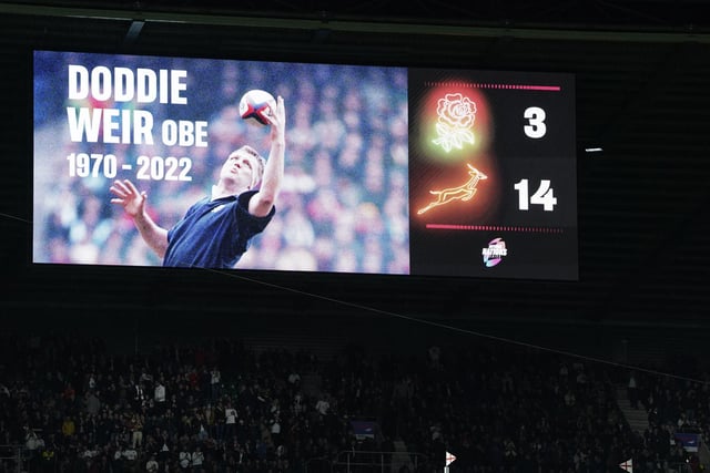 A message on the screen in memory of Doddie Weir at half time during the Autumn International match at Twickenham Stadium, London.