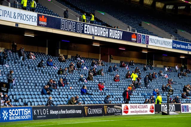 Socially distanced fans when Murrayfield hosted Edinburgh v Glasgow Warriors as a test event in August. Picture: Ross Parker/SNS
