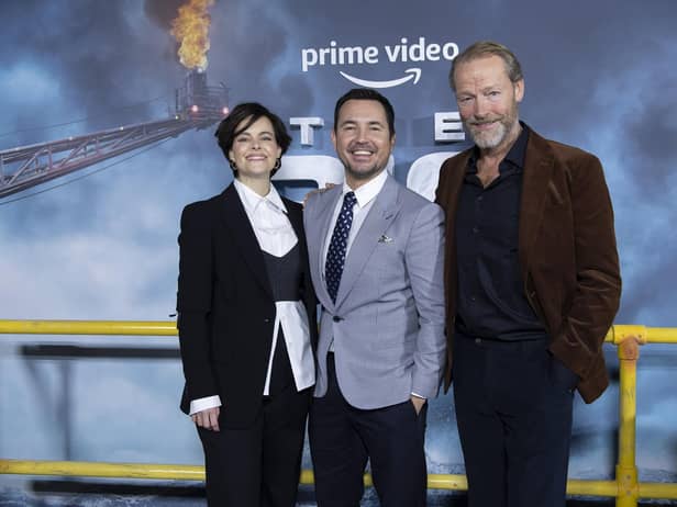 Emily Hampshire, Martin Compston and Iain Glen pictured at a premiere of the first episode of the new Amazon Prime series The Rig at the Everyman cinema in Edinburgh ahead of its launch on 6 January. Picture: Andrew Timms
