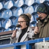 BBC Alba commentator and Hibs midfielder Rachel Boyle commentating on the SWPL match between Rangers and Aberdeen at Ibrox in April. Picture: Ross MacDonald / SNS