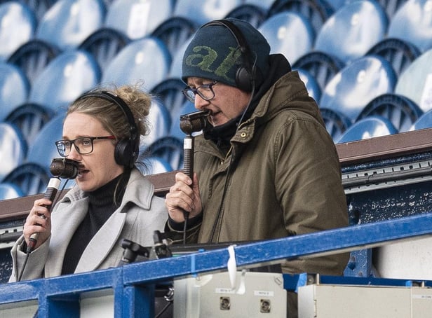 BBC Alba commentator and Hibs midfielder Rachel Boyle commentating on the SWPL match between Rangers and Aberdeen at Ibrox in April. Picture: Ross MacDonald / SNS