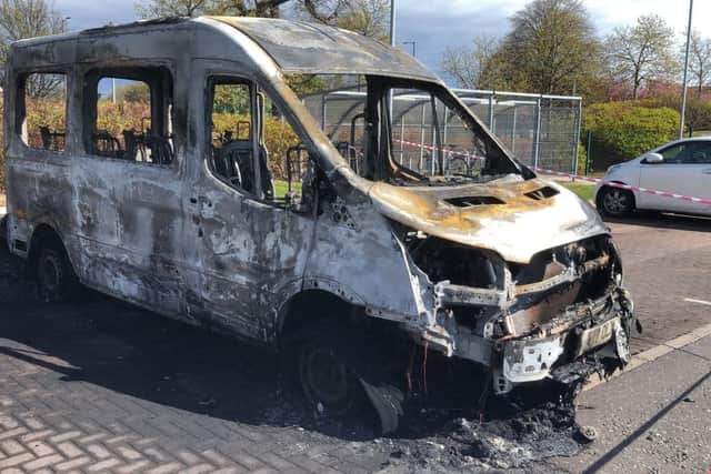 A vandal set the mini bus alight while it was parked at Craigroyston High School in Muirhouse, Edinburgh.