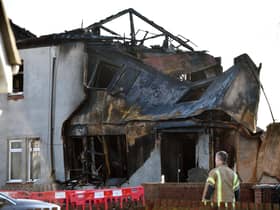 The scene this morning after an explosion and fire at a property on Broomage Crescent Larbert, Falkirk. Pic: Michael Gillen.