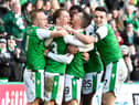 Hibs celebrate after Martin Boyle puts them in front against Aberdeen in a February 2018 clash