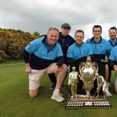 Duddingston's David Miller, Connor Scott, Jamie Duguid and Allyn Dick celebrate winning the 123rd Evening News Dispatch Trophy with team manager Gordon Milligan and Gary Thomson, who also played earlier in the week at the Braids. Picture: National World.