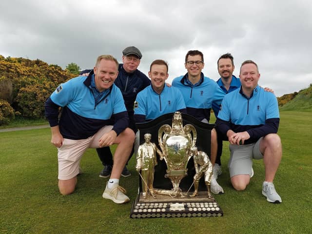 Duddingston's David Miller, Connor Scott, Jamie Duguid and Allyn Dick celebrate winning the 123rd Evening News Dispatch Trophy with team manager Gordon Milligan and Gary Thomson, who also played earlier in the week at the Braids. Picture: National World.