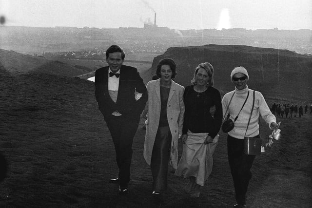 Four students who came straight from the Edinburgh University charities ball to climb Arthur's Seat on May Day 1965.