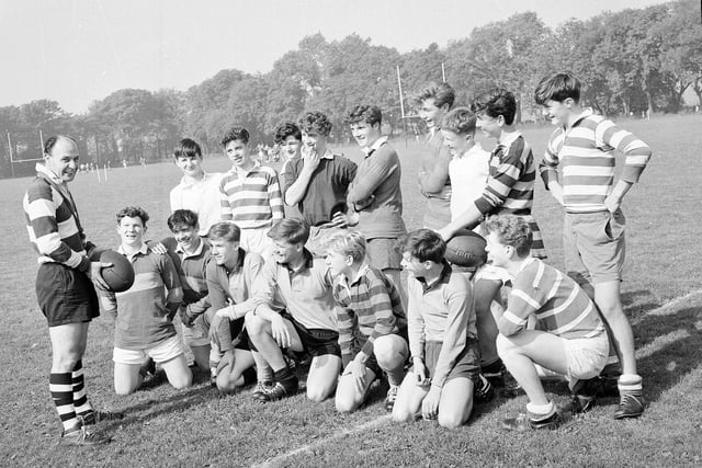 Boys from all over Scotland receive basic skills of rugby coaching course at Fettes College, with Alec Harper as instructor, in September 1963.