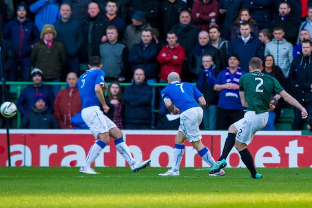 Gray scores his first goal for Hibs at Easter Road in a 4-0 win against Rangers