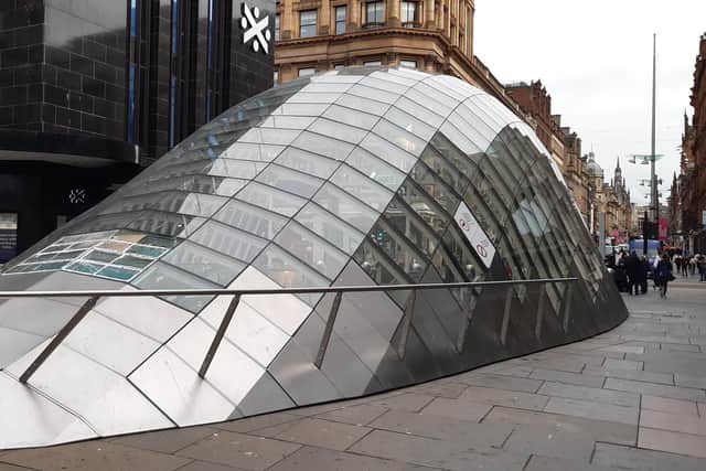 Broken panels on the entrance canopy of St Enoch Subway station in Glasgow. Picture: The Scotsman