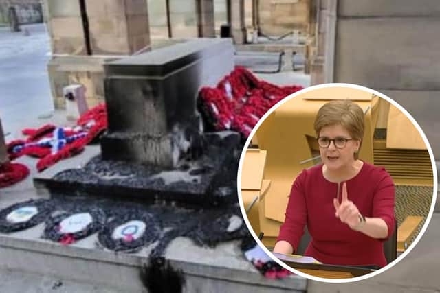 Nicola Sturgeon has spoken out at FMQs after an Edinburgh war memorial was set on fire