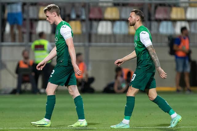 Hibs midfielder Jake Doyle-Hayes (L) and Martin Boyle are the picture of disappointment after Rijeka defeated the Leith side in their Conference League qualifier. Photo by Nikola Krstic / SNS Group