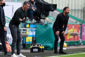 Hibs manager Jack Ross (L) and Aberdeen boss Derek McInnes are both hoping they will have something positive to shout about after the latest head-to-head at Easter Road. Photo by Ross Parker / SNS Group