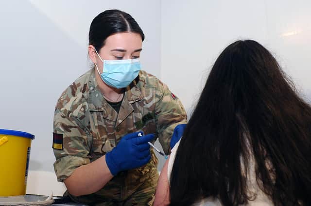 Kelly Beal of the 1st Armoured Medical Regiment based in Tidworth helping with vaccinations in Falkirk earlier in the year.