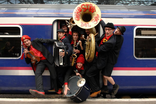 Orkestra Del Sol  head for North Berwick , from Edinburgh Waverley, as part of the Fringe by the Sea Launch in 2008.