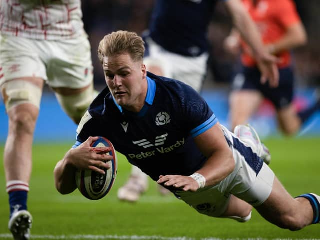 Scotland winger Duhan van der Merwe scores his side's second try during victory over England at Twickenham. Picture: Craig Williamson / SNS