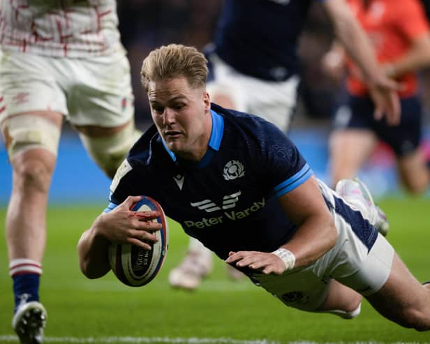 Scotland winger Duhan van der Merwe scores his side's second try during victory over England at Twickenham. Picture: Craig Williamson / SNS