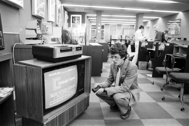 British Telecom promoted Prestel in Edinburgh in August 1980 - Sibbald Travel used the forerunner of today's on-line information databases. A television set hooked up to a dedicated terminal was used to receive information from a remote database via a telephone line.